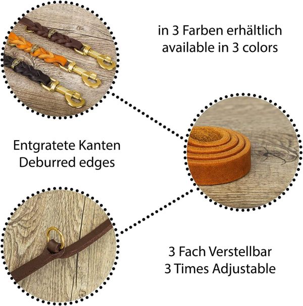 CopcoPet – Fettlederleine für Hunde – 3-fach verstellbare Hundeleine aus weichem Leder mit Karabinern & Beschlägen aus Messing – geflochtene Führleine 100% Handmade in Germany (2,40 m x 15mm | Cognac) 1