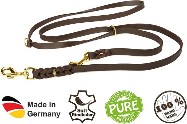 CopcoPet – Fettlederleine für Hunde – 3-fach verstellbare Hundeleine aus weichem Leder mit Karabinern & Beschlägen aus Messing – geflochtene Führleine 100% Handmade in Germany (2,40 m x 15mm | Cognac) 2