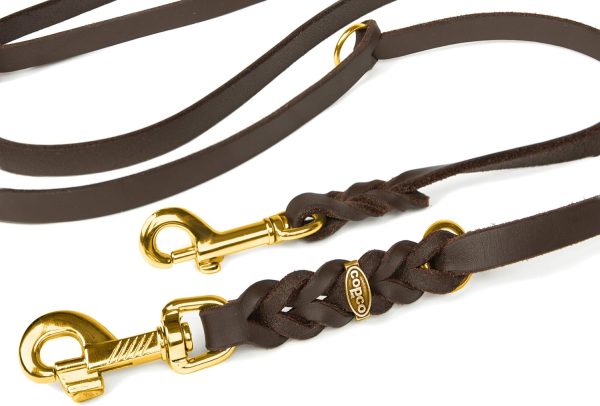 CopcoPet – Fettlederleine für Hunde – 3-fach verstellbare Hundeleine aus weichem Leder mit Karabinern & Beschlägen aus Messing – geflochtene Führleine 100% Handmade in Germany (2,40 m x 15mm | Cognac) 3