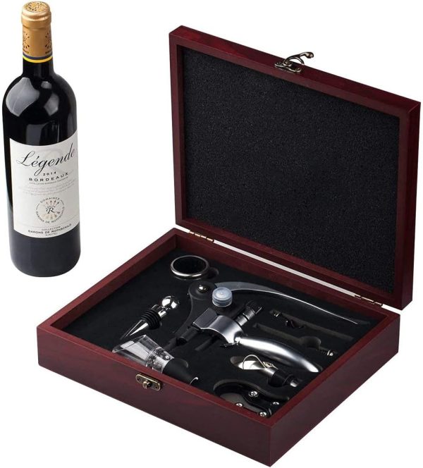 Cooko Korkenzieher, Manueller Wein Öffner Kit mit Belüfter und Ausgießer,Zink-Legierung Griff Korkenzieher,Deluxe Weinöffner Zubehör mit 8 Teilen, Elegantes Design-Set mit Dunklem Kirschholz Kasten 1