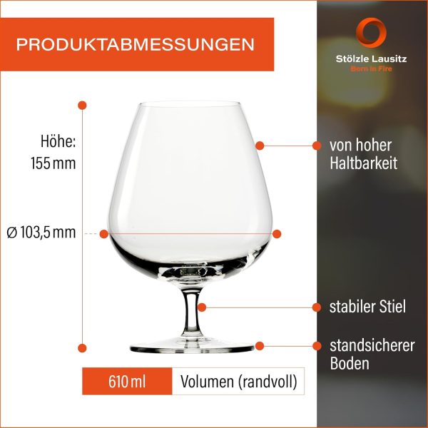 Stölzle Lausitz Weinbrandglas Cognac Grandezza 610 ml I Cognac Gläser 6er Set I hochwertige Brandy Gläser spülmaschinenfest I Weinbrandgläser stoßfest I Cognac Schwenkglas I Brandy Glas 3