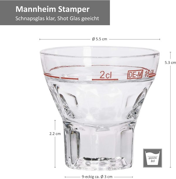 Van Well 24er Schnapsgläser Set Mannheim I 2cl Shotgäser aus Kristall-Glas mit rotem Eichstrich I Pinnchen Gläser für Tequila Raki Wodka Likör Ouzo I Kurze Gläser Set 24 teilig 2