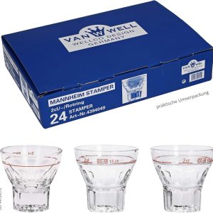 Van Well 24er Schnapsgläser Set Mannheim I 2cl Shotgäser aus Kristall-Glas mit rotem Eichstrich I Pinnchen Gläser für Tequila Raki Wodka Likör Ouzo I Kurze Gläser Set 24 teilig 7