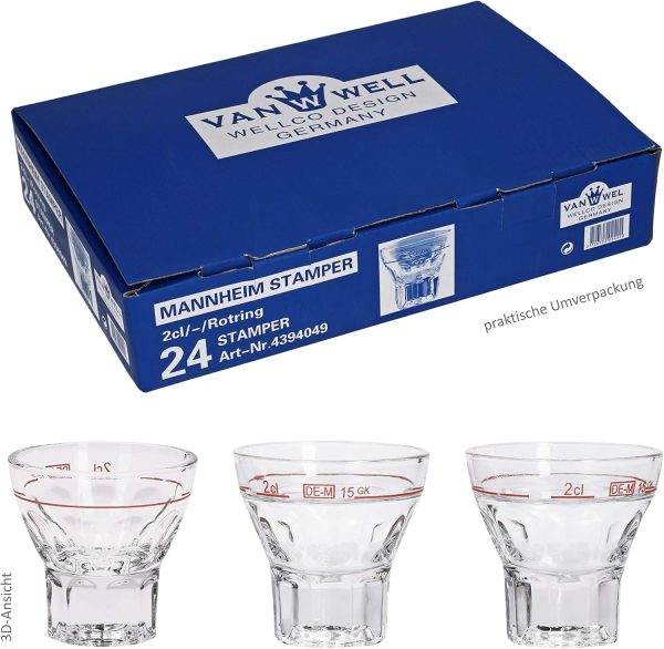 Van Well 24er Schnapsgläser Set Mannheim I 2cl Shotgäser aus Kristall-Glas mit rotem Eichstrich I Pinnchen Gläser für Tequila Raki Wodka Likör Ouzo I Kurze Gläser Set 24 teilig 3