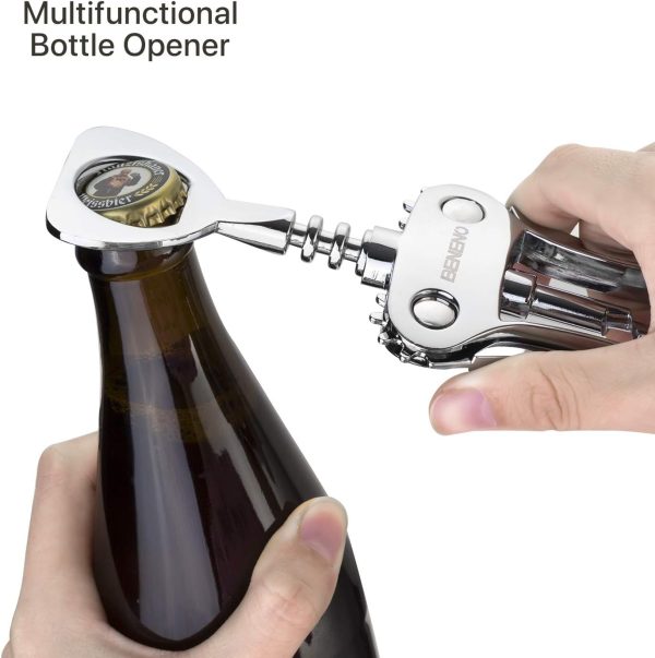 Korkenzieher Wein, Premium Wein Flaschenöffner Weinöffner aus Zinklegierung Flügelkorkenzieher mit Multifunktionalem Weinflaschenöffner für Korken und Kappen, Silber 2