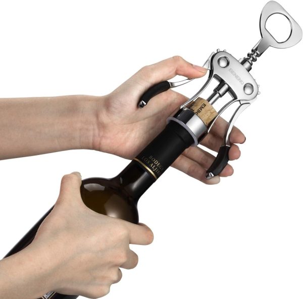 Korkenzieher Wein, Premium Wein Flaschenöffner Weinöffner aus Zinklegierung Flügelkorkenzieher mit Multifunktionalem Weinflaschenöffner für Korken und Kappen, Silber 3