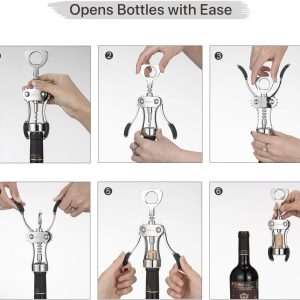 Korkenzieher Wein, Premium Wein Flaschenöffner Weinöffner aus Zinklegierung Flügelkorkenzieher mit Multifunktionalem Weinflaschenöffner für Korken und Kappen, Silber 14