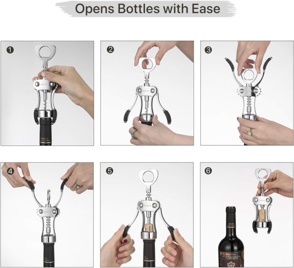 Korkenzieher Wein, Premium Wein Flaschenöffner Weinöffner aus Zinklegierung Flügelkorkenzieher mit Multifunktionalem Weinflaschenöffner für Korken und Kappen, Silber 4
