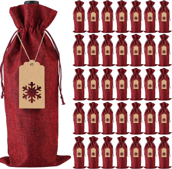 PIXHOTUL Jute-Geschenktüten mit Kordelzug für Weinflaschen, mit Anhänger und Seilen für Weihnachten, Hochzeit, Reisen, Geburtstag, Urlaubsparty 1