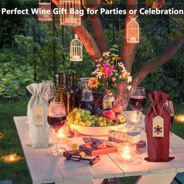 PIXHOTUL Jute-Geschenktüten mit Kordelzug für Weinflaschen, mit Anhänger und Seilen für Weihnachten, Hochzeit, Reisen, Geburtstag, Urlaubsparty 5