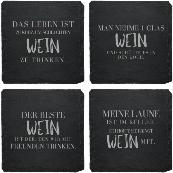 Schiefer Untersetzer Set (4 STK.) mit Weinsprüchen - Weinuntersetzer aus Schiefer für Weinfans | Wein Geschenk | Geschenkidee Weinliebhaber Wein Zubehör (Deutsche Sprüche) 1