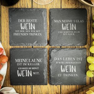 Schiefer Untersetzer Set (4 STK.) mit Weinsprüchen - Weinuntersetzer aus Schiefer für Weinfans | Wein Geschenk | Geschenkidee Weinliebhaber Wein Zubehör (Deutsche Sprüche) 18