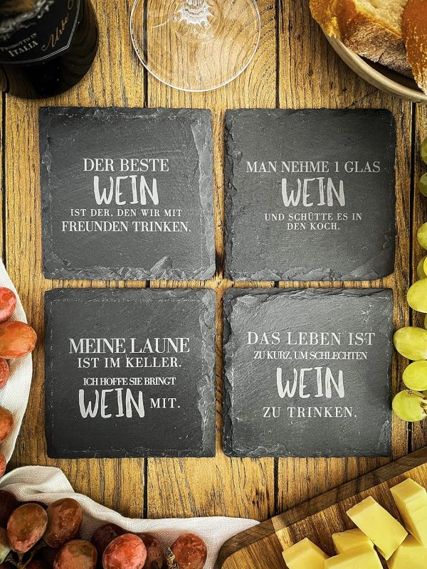 Schiefer Untersetzer Set (4 STK.) mit Weinsprüchen - Weinuntersetzer aus Schiefer für Weinfans | Wein Geschenk | Geschenkidee Weinliebhaber Wein Zubehör (Deutsche Sprüche) 6