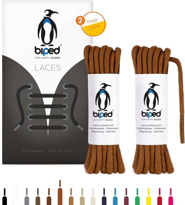 biped LACES 2 Paar runde Schnürsenkel aus Baumwolle ø 3,5 mm - reißfeste Qualitäts- Schuhbänder für Lederschuhe, Stiefel, Sneaker - für Freizeit und Sportschuhe - made in EU z2901(cognac,120 cm) 1