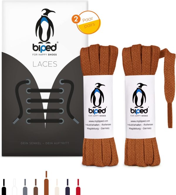 biped LACES 2 Paar flache Schnürsenkel aus Baumwolle 7 mm breit - reißfeste Qualitäts- Schuhbänder für Lederschuhe, Stiefel, für Freizeit und Sportschuhe - made in EU z2904(cognac,120 cm) 1