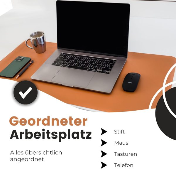 WURK Schreibtischunterlage [80 cm x 40 cm] - Premium Qualität - Mauspad - Große Schreibunterlage - Mauspad XXL - Rutschfeste Unterlagenmatte - Desk Mat - PU Leder Inklusive Kabelclip (Cognac Braun) 2