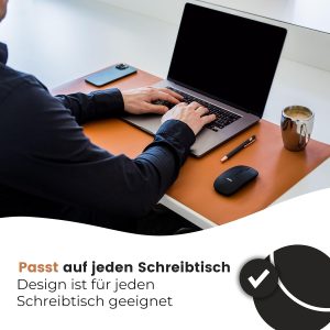 WURK Schreibtischunterlage [80 cm x 40 cm] - Premium Qualität - Mauspad - Große Schreibunterlage - Mauspad XXL - Rutschfeste Unterlagenmatte - Desk Mat - PU Leder Inklusive Kabelclip (Cognac Braun) 12