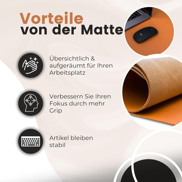 WURK Schreibtischunterlage [80 cm x 40 cm] - Premium Qualität - Mauspad - Große Schreibunterlage - Mauspad XXL - Rutschfeste Unterlagenmatte - Desk Mat - PU Leder Inklusive Kabelclip (Cognac Braun) 4