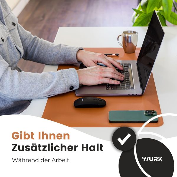WURK Schreibtischunterlage [80 cm x 40 cm] - Premium Qualität - Mauspad - Große Schreibunterlage - Mauspad XXL - Rutschfeste Unterlagenmatte - Desk Mat - PU Leder Inklusive Kabelclip (Cognac Braun) 5