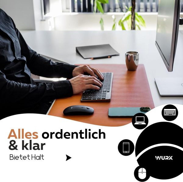 WURK Schreibtischunterlage [80 cm x 40 cm] - Premium Qualität - Mauspad - Große Schreibunterlage - Mauspad XXL - Rutschfeste Unterlagenmatte - Desk Mat - PU Leder Inklusive Kabelclip (Cognac Braun) 6
