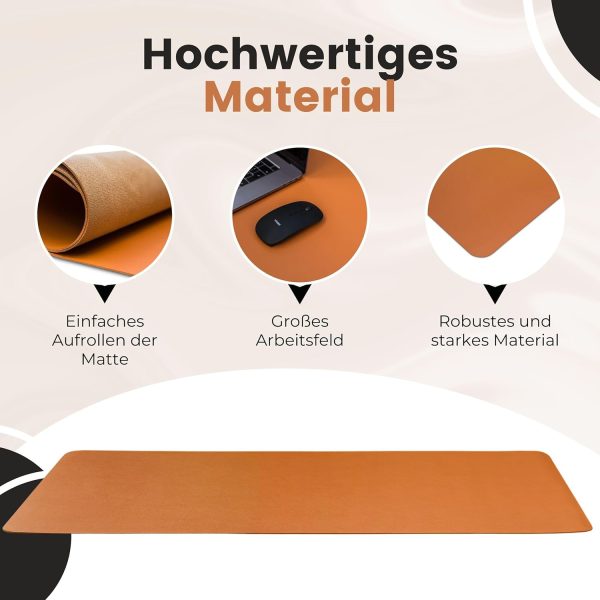 WURK Schreibtischunterlage [80 cm x 40 cm] - Premium Qualität - Mauspad - Große Schreibunterlage - Mauspad XXL - Rutschfeste Unterlagenmatte - Desk Mat - PU Leder Inklusive Kabelclip (Cognac Braun) 8