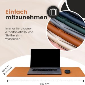 WURK Schreibtischunterlage [80 cm x 40 cm] - Premium Qualität - Mauspad - Große Schreibunterlage - Mauspad XXL - Rutschfeste Unterlagenmatte - Desk Mat - PU Leder Inklusive Kabelclip (Cognac Braun) 24