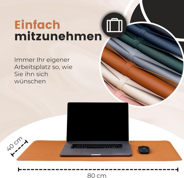 WURK Schreibtischunterlage [80 cm x 40 cm] - Premium Qualität - Mauspad - Große Schreibunterlage - Mauspad XXL - Rutschfeste Unterlagenmatte - Desk Mat - PU Leder Inklusive Kabelclip (Cognac Braun) 9