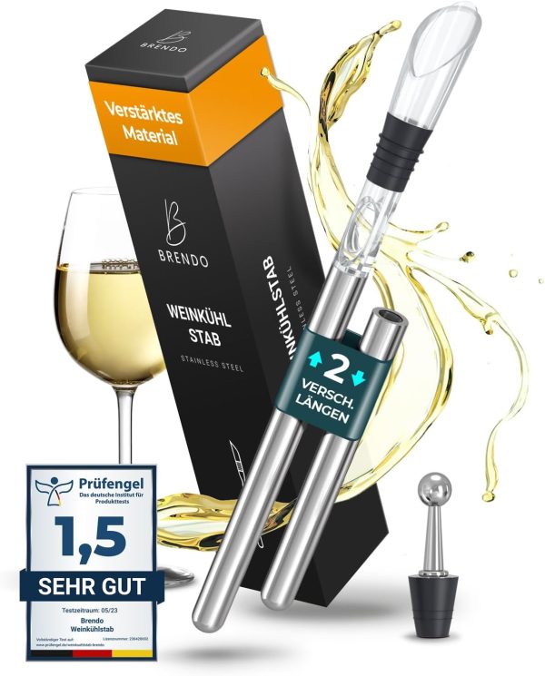Brendo Weinkühler 4-in-1 Weinkühlstab Edelstahl I Flaschenkühler 2 Längen Weinkühlstäbe + Weinausgießer + Dekanter + Flaschenverschluss I Wein-Geschenk-Set Männer Frauen, Wein-Zubehör, Geschenkidee 1