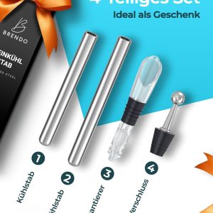 Brendo Weinkühler 4-in-1 Weinkühlstab Edelstahl I Flaschenkühler 2 Längen Weinkühlstäbe + Weinausgießer + Dekanter + Flaschenverschluss I Wein-Geschenk-Set Männer Frauen, Wein-Zubehör, Geschenkidee 11
