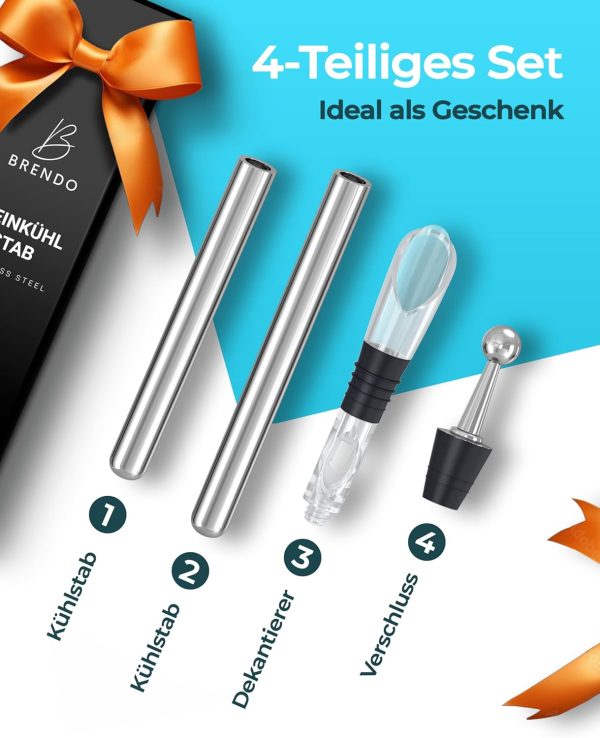 Brendo Weinkühler 4-in-1 Weinkühlstab Edelstahl I Flaschenkühler 2 Längen Weinkühlstäbe + Weinausgießer + Dekanter + Flaschenverschluss I Wein-Geschenk-Set Männer Frauen, Wein-Zubehör, Geschenkidee 3