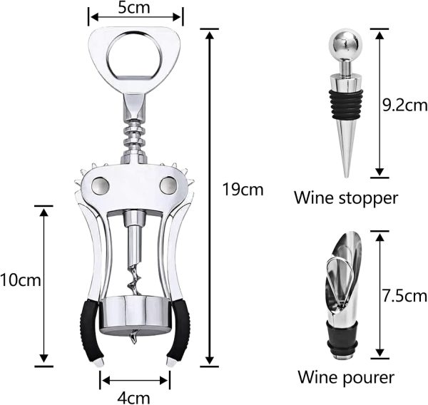 Gvolatee Korkenzieher Wein Winged mit Spiralschraube,weinöffner aus Zinklegierung mit Weinverschluss und Weinausgießer Multifunktions für Korken und Kappen, flaschenöffner für Familien, Bars, Silber 2