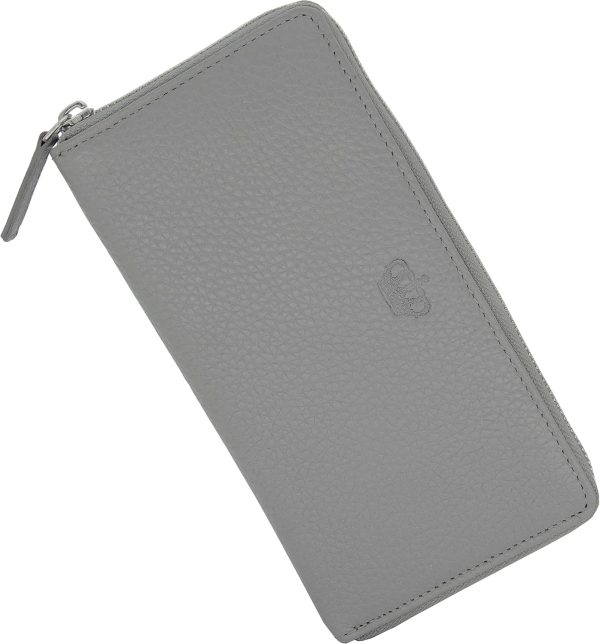 Baur Damen Geldbörse Echt Leder Geldtasche | Geldbeutel mit RFID Schutz | Großes Portemonnaie viele Kartenfächer | Wallet mit Rundum-Reißverschluss | Portmonee | Damen-Geldbörsen (Grau) 1