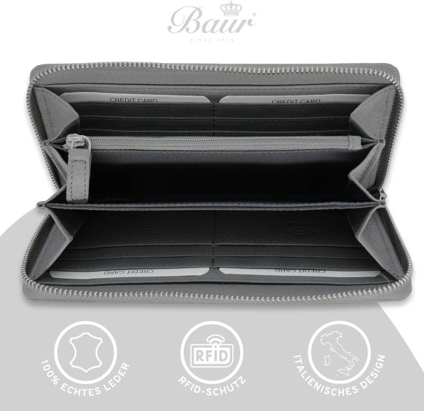 Baur Damen Geldbörse Echt Leder Geldtasche | Geldbeutel mit RFID Schutz | Großes Portemonnaie viele Kartenfächer | Wallet mit Rundum-Reißverschluss | Portmonee | Damen-Geldbörsen (Grau) 2