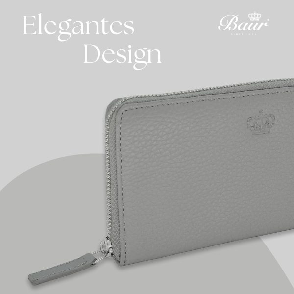 Baur Damen Geldbörse Echt Leder Geldtasche | Geldbeutel mit RFID Schutz | Großes Portemonnaie viele Kartenfächer | Wallet mit Rundum-Reißverschluss | Portmonee | Damen-Geldbörsen (Grau) 4