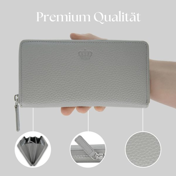 Baur Damen Geldbörse Echt Leder Geldtasche | Geldbeutel mit RFID Schutz | Großes Portemonnaie viele Kartenfächer | Wallet mit Rundum-Reißverschluss | Portmonee | Damen-Geldbörsen (Grau) 5