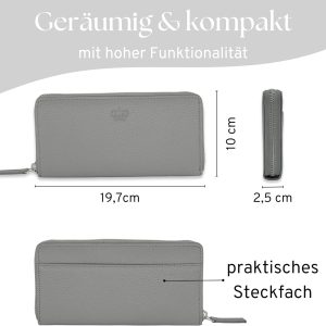 Baur Damen Geldbörse Echt Leder Geldtasche | Geldbeutel mit RFID Schutz | Großes Portemonnaie viele Kartenfächer | Wallet mit Rundum-Reißverschluss | Portmonee | Damen-Geldbörsen (Grau) 16