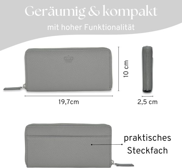 Baur Damen Geldbörse Echt Leder Geldtasche | Geldbeutel mit RFID Schutz | Großes Portemonnaie viele Kartenfächer | Wallet mit Rundum-Reißverschluss | Portmonee | Damen-Geldbörsen (Grau) 6