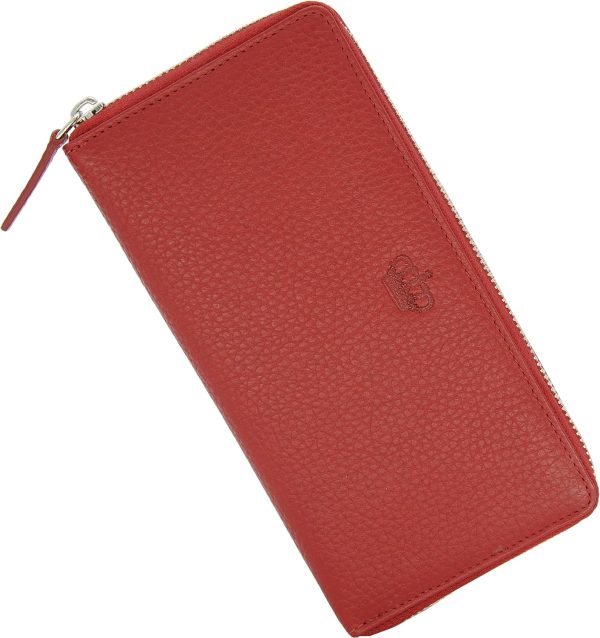 Baur Damen Geldbörse Echt Leder Geldtasche | Geldbeutel mit RFID Schutz | Großes Portemonnaie viele Kartenfächer | Wallet mit Rundum-Reißverschluss | Portmonee | Damen-Geldbörsen (Rot) 1