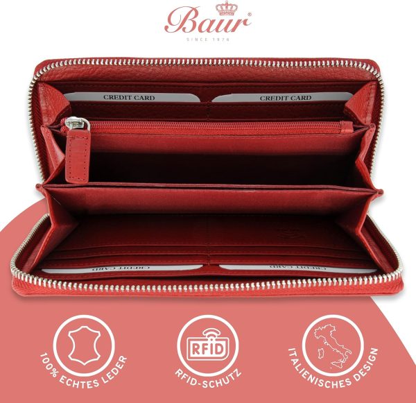 Baur Damen Geldbörse Echt Leder Geldtasche | Geldbeutel mit RFID Schutz | Großes Portemonnaie viele Kartenfächer | Wallet mit Rundum-Reißverschluss | Portmonee | Damen-Geldbörsen (Rot) 2