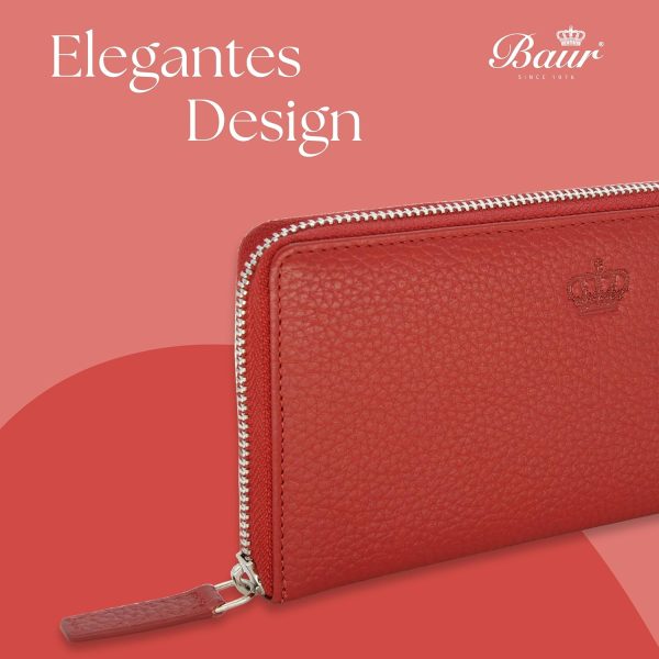 Baur Damen Geldbörse Echt Leder Geldtasche | Geldbeutel mit RFID Schutz | Großes Portemonnaie viele Kartenfächer | Wallet mit Rundum-Reißverschluss | Portmonee | Damen-Geldbörsen (Rot) 4