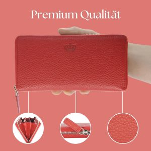 Baur Damen Geldbörse Echt Leder Geldtasche | Geldbeutel mit RFID Schutz | Großes Portemonnaie viele Kartenfächer | Wallet mit Rundum-Reißverschluss | Portmonee | Damen-Geldbörsen (Rot) 14