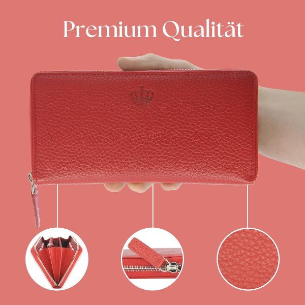 Baur Damen Geldbörse Echt Leder Geldtasche | Geldbeutel mit RFID Schutz | Großes Portemonnaie viele Kartenfächer | Wallet mit Rundum-Reißverschluss | Portmonee | Damen-Geldbörsen (Rot) 5
