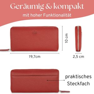 Baur Damen Geldbörse Echt Leder Geldtasche | Geldbeutel mit RFID Schutz | Großes Portemonnaie viele Kartenfächer | Wallet mit Rundum-Reißverschluss | Portmonee | Damen-Geldbörsen (Rot) 16