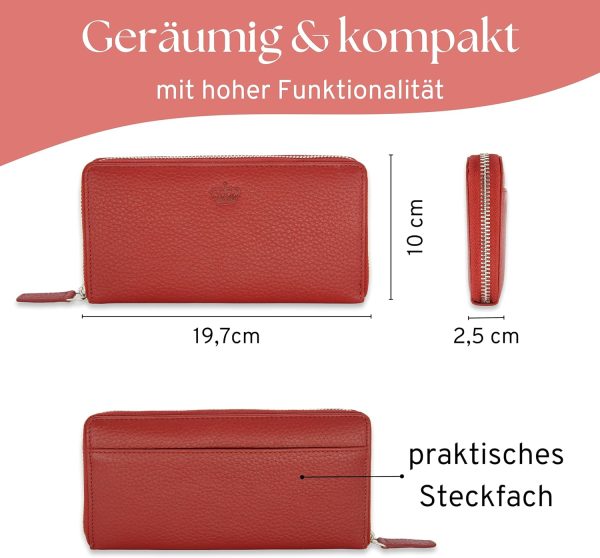 Baur Damen Geldbörse Echt Leder Geldtasche | Geldbeutel mit RFID Schutz | Großes Portemonnaie viele Kartenfächer | Wallet mit Rundum-Reißverschluss | Portmonee | Damen-Geldbörsen (Rot) 6