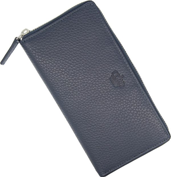 Baur Damen Geldbörse Echt Leder Geldtasche | Geldbeutel mit RFID Schutz | Großes Portemonnaie viele Kartenfächer | Wallet mit Rundum-Reißverschluss | Portmonee | Damen-Geldbörsen (Dunkelblau) 1