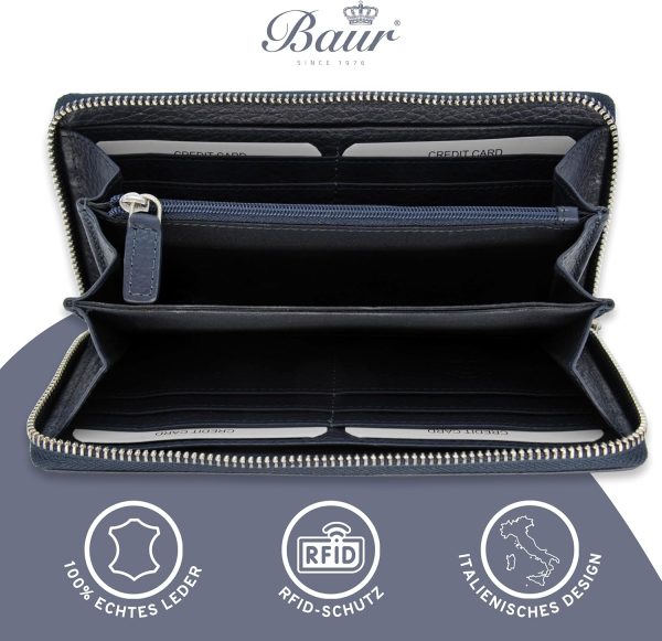 Baur Damen Geldbörse Echt Leder Geldtasche | Geldbeutel mit RFID Schutz | Großes Portemonnaie viele Kartenfächer | Wallet mit Rundum-Reißverschluss | Portmonee | Damen-Geldbörsen (Dunkelblau) 2
