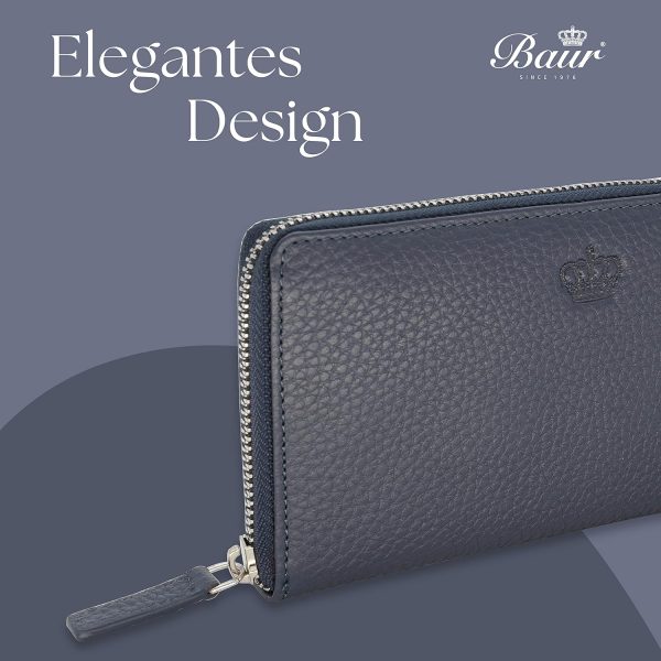Baur Damen Geldbörse Echt Leder Geldtasche | Geldbeutel mit RFID Schutz | Großes Portemonnaie viele Kartenfächer | Wallet mit Rundum-Reißverschluss | Portmonee | Damen-Geldbörsen (Dunkelblau) 4
