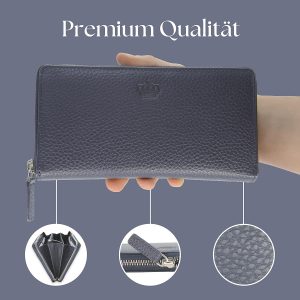 Baur Damen Geldbörse Echt Leder Geldtasche | Geldbeutel mit RFID Schutz | Großes Portemonnaie viele Kartenfächer | Wallet mit Rundum-Reißverschluss | Portmonee | Damen-Geldbörsen (Dunkelblau) 14