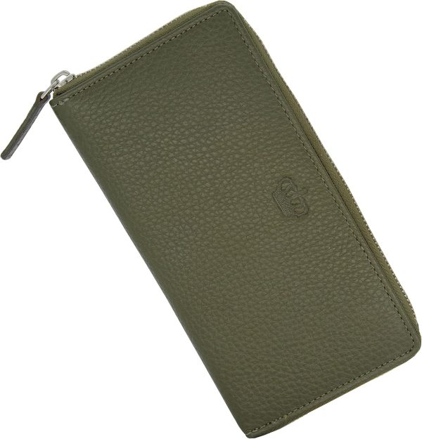 Baur Damen Geldbörse Echt Leder Geldtasche | Geldbeutel mit RFID Schutz | Großes Portemonnaie viele Kartenfächer | Wallet mit Rundum-Reißverschluss | Portmonee | Damen-Geldbörsen (Olive) 1