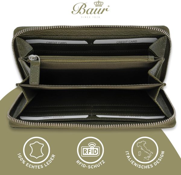 Baur Damen Geldbörse Echt Leder Geldtasche | Geldbeutel mit RFID Schutz | Großes Portemonnaie viele Kartenfächer | Wallet mit Rundum-Reißverschluss | Portmonee | Damen-Geldbörsen (Olive) 2
